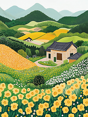 JPG 나무 길 꽃밭 일러스트 자연 주택 초원 사람없음 노란색 평화 분위기 숲 그림 전원생활 산기슭 국내일러스트 AI일러스트 AI콘텐츠 식물 꽃 컬러 컨셉 산 건물 생활 생태계 파일형식