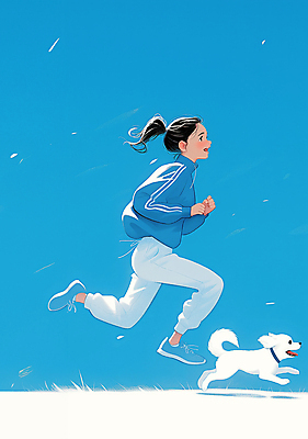 JPG 여자 일러스트 청소년 한명 웃음 파란색 운동복 달리기 조깅 자유 강아지 즐거움 러닝 십대여자한명만 국내일러스트 AI일러스트 AI콘텐츠 1 옷 감정 컬러 컨셉 모션 표정 사람 반려동물 운동 개 여자한명만 십대여자만 파일형식