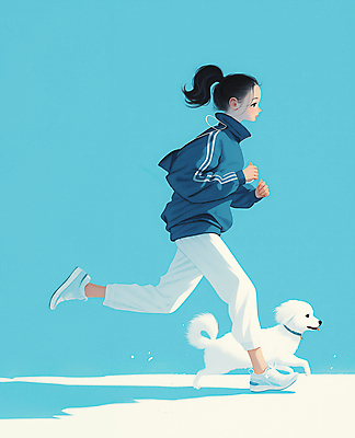 JPG 여자 일러스트 청소년 건강 한명 웃음 취미 파란색 운동복 달리기 조깅 산책 자유 강아지 즐거움 러닝 십대여자한명만 국내일러스트 AI일러스트 AI콘텐츠 1 옷 감정 컬러 컨셉 모션 휴식 표정 사람 반려동물 운동 개 여자한명만 십대여자만 파일형식
