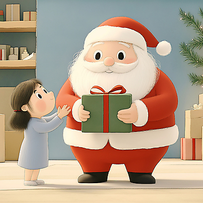 JPG 전신 여자 남자 행복 어린이 크리스마스 겨울 일러스트 책장 소녀 성인 두명 선물상자 산타클로스 베이지색 연말 국내일러스트 AI일러스트 AI콘텐츠 계절 기념일 감정 컬러 가구 선물 사람 상자 파일형식
