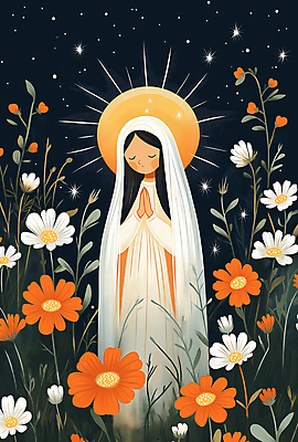 JPG 여자 일러스트 자연 한명 성인 빛 평화 믿음 주황색 천주교 기도 야간 데이지 신성 마리아 후광 베일 성인여자한명만 국내일러스트 AI일러스트 AI콘텐츠 자연요소 1 꽃 감정 종교 컬러 컨셉 사람 생태계 여자한명만 성인여자만 파일형식