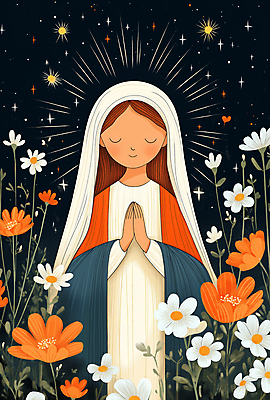 JPG 여자 일러스트 자연 한명 성인 평화 믿음 주황색 천주교 기도 축복 야간 데이지 신성 마리아 후광 베일 성인여자한명만 국내일러스트 AI일러스트 AI콘텐츠 자연요소 1 꽃 감정 종교 컬러 컨셉 사람 빛 생태계 여자한명만 성인여자만 파일형식