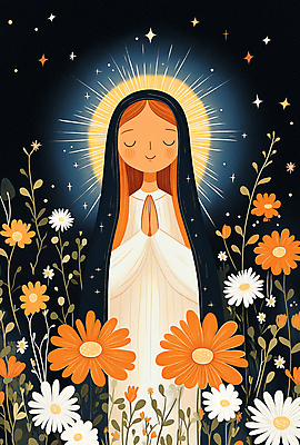JPG 여자 일러스트 자연 한명 성인 평화 믿음 주황색 천주교 기도 축복 야간 데이지 신성 마리아 후광 베일 성인여자한명만 국내일러스트 AI일러스트 AI콘텐츠 자연요소 1 꽃 감정 종교 컬러 컨셉 사람 빛 생태계 여자한명만 성인여자만 파일형식