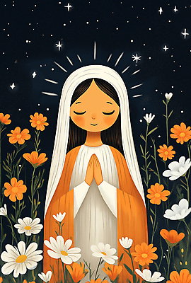 JPG 여자 일러스트 자연 한명 성인 평화 믿음 주황색 천주교 기도 야간 데이지 신성 마리아 후광 베일 성인여자한명만 국내일러스트 AI일러스트 AI콘텐츠 자연요소 1 꽃 감정 종교 컬러 컨셉 사람 빛 생태계 여자한명만 성인여자만 파일형식