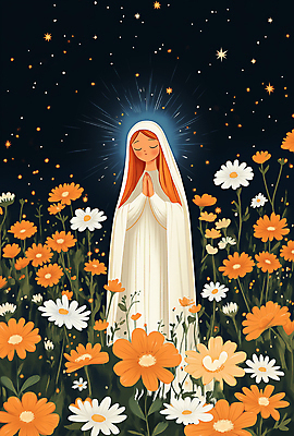 JPG 여자 일러스트 자연 한명 성인 평화 주황색 천주교 기도 축복 야간 데이지 신성 마리아 후광 베일 성인여자한명만 국내일러스트 AI일러스트 AI콘텐츠 자연요소 1 꽃 종교 컬러 컨셉 사람 빛 생태계 여자한명만 성인여자만 파일형식