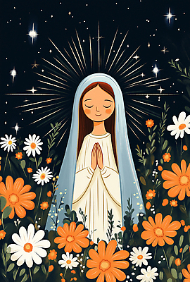 JPG 여자 일러스트 자연 한명 성인 빛 평화 믿음 주황색 천주교 기도 야간 데이지 신성 마리아 후광 베일 성인여자한명만 국내일러스트 AI일러스트 AI콘텐츠 자연요소 1 꽃 감정 종교 컬러 컨셉 사람 생태계 여자한명만 성인여자만 파일형식