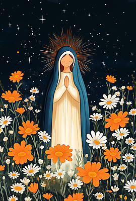 JPG 여자 일러스트 자연 한명 성인 평화 믿음 주황색 천주교 기도 축복 야간 데이지 신성 마리아 후광 베일 성인여자한명만 국내일러스트 AI일러스트 AI콘텐츠 자연요소 1 꽃 감정 종교 컬러 컨셉 사람 빛 생태계 여자한명만 성인여자만 파일형식