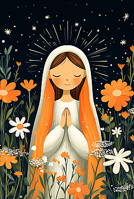 JPG 여자 일러스트 자연 한명 성인 평화 믿음 주황색 천주교 기도 야간 데이지 신성 마리아 후광 베일 성인여자한명만 국내일러스트 AI일러스트 AI콘텐츠 자연요소 1 꽃 감정 종교 컬러 컨셉 사람 빛 생태계 여자한명만 성인여자만 파일형식