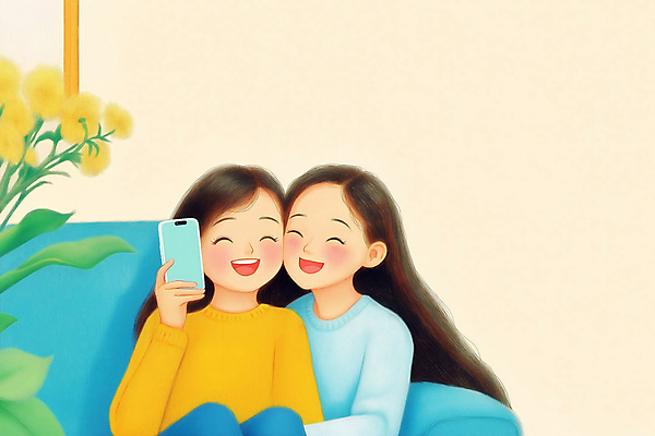 JPG 여자 행복 화초 일러스트 청소년 미소 웃음 두명 소파 노란색 화목 우정 셀프카메라 십대여자만 국내일러스트 AI일러스트 AI콘텐츠 식물 감정 컬러 컨셉 의자 표정 사람 친구 사진촬영 여자만 십대만 파일형식