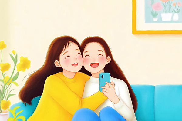 JPG 여자 행복 화초 일러스트 안기 청소년 미소 웃음 두명 소파 노란색 화목 우정 셀프카메라 십대여자만 국내일러스트 AI일러스트 AI콘텐츠 식물 감정 컬러 컨셉 의자 모션 표정 사람 친구 사진촬영 여자만 십대만 파일형식