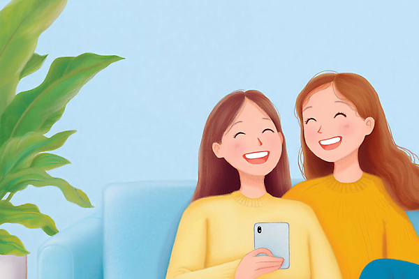 JPG 여자 행복 화초 일러스트 청소년 미소 웃음 두명 소파 노란색 화목 우정 셀프카메라 십대여자만 국내일러스트 AI일러스트 AI콘텐츠 식물 감정 컬러 컨셉 의자 표정 사람 친구 사진촬영 여자만 십대만 파일형식