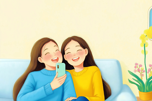 JPG 여자 행복 화초 일러스트 청소년 미소 웃음 두명 소파 노란색 화목 우정 셀프카메라 십대여자만 국내일러스트 AI일러스트 AI콘텐츠 식물 감정 컬러 컨셉 의자 표정 사람 친구 사진촬영 여자만 십대만 파일형식