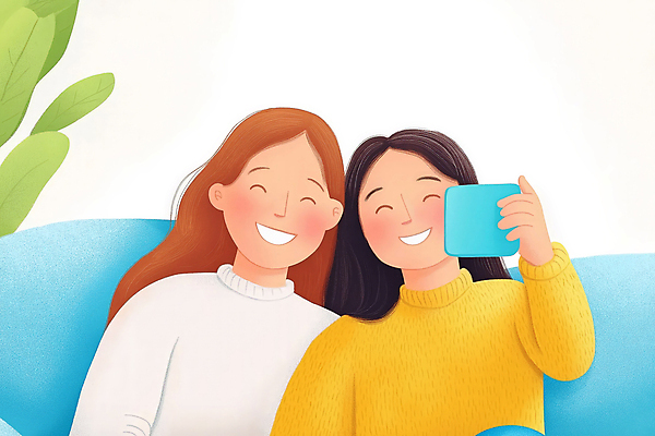 JPG 여자 행복 화초 일러스트 청소년 미소 웃음 두명 소파 노란색 화목 우정 셀프카메라 십대여자만 국내일러스트 AI일러스트 AI콘텐츠 식물 감정 컬러 컨셉 의자 표정 사람 친구 사진촬영 여자만 십대만 파일형식