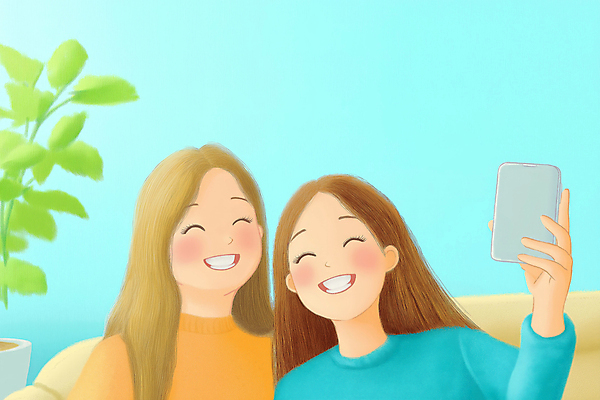 JPG 여자 행복 화초 일러스트 청소년 미소 웃음 두명 소파 노란색 화목 우정 셀프카메라 십대여자만 국내일러스트 AI일러스트 AI콘텐츠 식물 감정 컬러 컨셉 의자 표정 사람 친구 사진촬영 여자만 십대만 파일형식