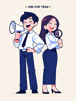 전신 여자 남자 일러스트 비즈니스 돋보기 웃음 들기 성인 두명 확성기 외침 비즈니스맨 비즈니스우먼 채용 성인만 국내일러스트 AI파일 모션 표정 사람 소리 직장인 파일형식 벡터