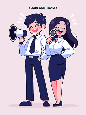 전신 여자 남자 허리손 일러스트 비즈니스 돋보기 웃음 들기 성인 두명 확성기 외침 비즈니스맨 비즈니스우먼 주머니손 지원 채용 성인만 국내일러스트 AI파일 포즈 모션 표정 사람 소리 직장인 파일형식 벡터