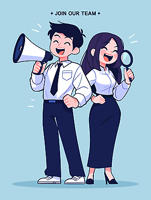 전신 여자 남자 허리손 일러스트 비즈니스 돋보기 웃음 들기 성인 두명 확성기 외침 비즈니스맨 비즈니스우먼 채용 성인만 국내일러스트 AI파일 포즈 모션 표정 사람 소리 직장인 파일형식 벡터