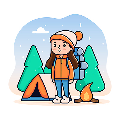 전신 나무 여자 겨울 일러스트 자연 산 아웃도어 텐트 한명 성인 야외 캠핑 탐험 숲 장작 모닥불 배낭여행 백팩 성인여자한명만 국내일러스트 AI파일 식물 1 계절 여행 가방 불 레저 캠핑도구 사람 생태계 여자한명만 성인여자만 파일형식 벡터