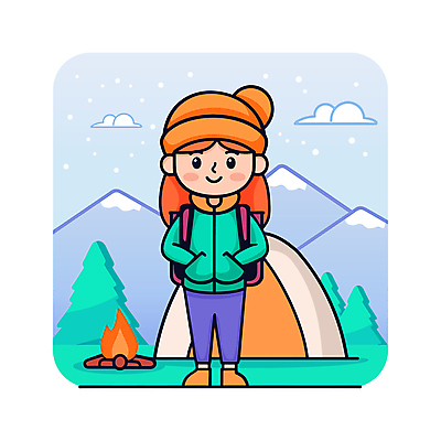 전신 나무 여자 겨울 일러스트 자연 산 아웃도어 텐트 한명 성인 야외 캠핑 탐험 숲 장작 모닥불 배낭여행 주머니손 백팩 성인여자한명만 국내일러스트 AI파일 식물 1 계절 여행 가방 모션 불 레저 캠핑도구 사람 생태계 여자한명만 성인여자만 파일형식 벡터