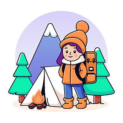 전신 나무 여자 겨울 일러스트 자연 산 아웃도어 텐트 한명 성인 야외 캠핑 탐험 숲 장작 모닥불 배낭여행 백팩 성인여자한명만 국내일러스트 AI파일 식물 1 계절 여행 가방 불 레저 캠핑도구 사람 생태계 여자한명만 성인여자만 파일형식 벡터