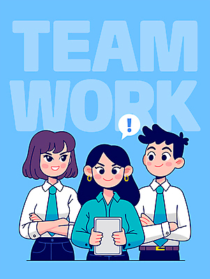 여자 남자 하늘색 일러스트 회의 협력 아이디어 직장 미소 웃음 들기 세명 직장인 느낌표 동료 소통 리더쉽 국내일러스트 AI파일 직업 기호 컨셉 회사 비즈니스 관계 모션 표정 사람 파란색 파일형식 벡터