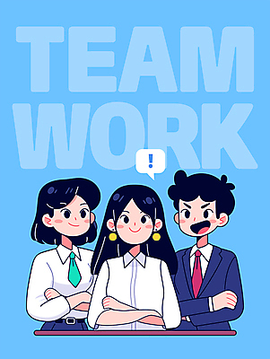 여자 남자 하늘색 일러스트 회의 협력 아이디어 직장 미소 웃음 성인 세명 팔짱 직장인 느낌표 동료 소통 리더쉽 성인만 국내일러스트 AI파일 직업 기호 컨셉 회사 비즈니스 관계 모션 표정 사람 파란색 파일형식 벡터