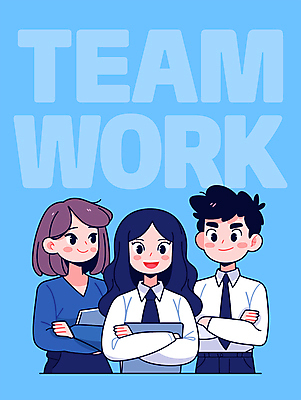 여자 남자 하늘색 일러스트 회의 협력 아이디어 직장 미소 웃음 들기 성인 세명 태블릿 팔짱 직장인 동료 소통 리더쉽 성인만 국내일러스트 AI파일 직업 컨셉 회사 비즈니스 관계 모션 표정 사람 파란색 전자제품 스마트기기 파일형식 벡터