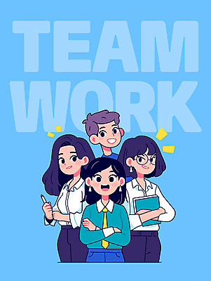 여자 남자 하늘색 일러스트 회의 협력 아이디어 직장 미소 웃음 들기 여러명 성인 책 펜 직장인 동료 소통 리더쉽 성인만 국내일러스트 AI파일 직업 다수 컨셉 회사 비즈니스 관계 모션 표정 사람 파란색 필기구 파일형식 벡터