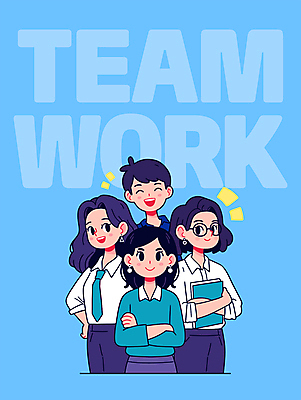 여자 남자 하늘색 일러스트 회의 협력 아이디어 직장 미소 웃음 들기 여러명 성인 책 직장인 동료 소통 리더쉽 성인만 국내일러스트 AI파일 직업 다수 컨셉 회사 비즈니스 관계 모션 표정 사람 파란색 파일형식 벡터