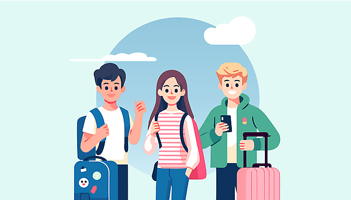 외국인 구름 여자 남자 대학생 일러스트 서기 웃음 들기 성인 세명 스마트폰 캐리어 잡기 백팩 따봉 성인만 국내일러스트 교환학생 AI파일 자연요소 학생 가방 모션 표정 사람 인종 핸드폰 스마트기기 여행가방 최고 파일형식 벡터
