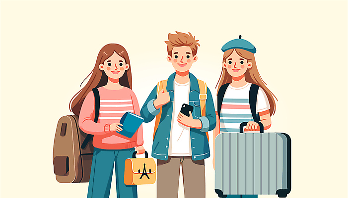 외국인 모자 여자 남자 대학생 일러스트 서기 웃음 들기 성인 세명 스마트폰 캐리어 공책 백팩 성인만 국내일러스트 교환학생 AI파일 학생 잡화 가방 모션 문구용품 표정 사람 인종 핸드폰 스마트기기 여행가방 파일형식 벡터