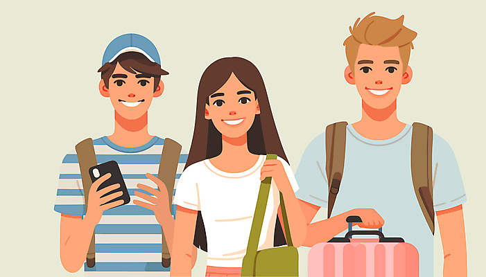 외국인 모자 학생 여자 남자 대학생 일러스트 서기 웃음 들기 성인 세명 스마트폰 잡기 백팩 성인만 국내일러스트 교환학생 AI파일 잡화 가방 모션 표정 사람 인종 핸드폰 스마트기기 파일형식 벡터