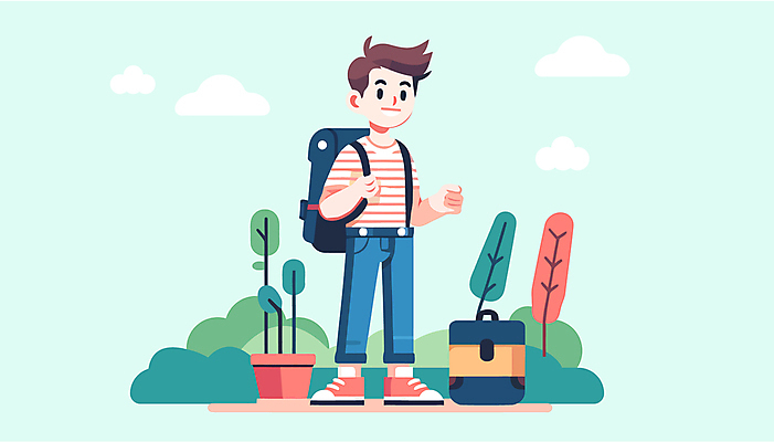 전신 구름 남자 대학생 일러스트 배낭 한명 서기 웃음 성인 백팩 성인남자한명만 국내일러스트 교환학생 AI파일 자연요소 1 학생 가방 모션 표정 사람 남자한명만 성인남자만 파일형식 벡터