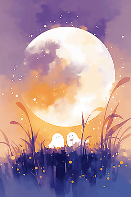 JPG 식물 잎 야경 일러스트 이벤트 초원 사람없음 보라색 할로윈 달 가을 유령 국내일러스트 AI일러스트 AI콘텐츠 자연요소 계절 컬러 야간 파일형식 풍경_경치