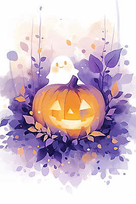 JPG 잎 일러스트 호박 이벤트 사람없음 장식 보라색 할로윈 가을 유령 야간 잭오랜턴 국내일러스트 AI일러스트 AI콘텐츠 자연요소 식물 계절 컬러 채소 파일형식