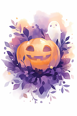 JPG 잎 일러스트 호박 이벤트 사람없음 장식 보라색 할로윈 가을 유령 야간 잭오랜턴 국내일러스트 AI일러스트 AI콘텐츠 자연요소 식물 계절 컬러 채소 파일형식