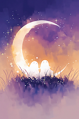 JPG 잎 야경 일러스트 이벤트 사람없음 보라색 할로윈 가을 유령 초승달 국내일러스트 AI일러스트 AI콘텐츠 식물 계절 컬러 달 야간 파일형식 풍경_경치