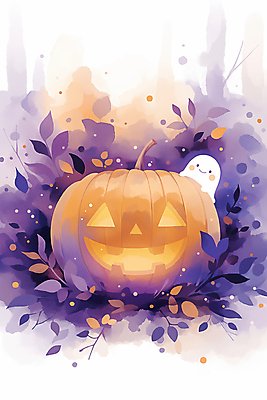 JPG 잎 야경 일러스트 호박 이벤트 사람없음 장식 보라색 할로윈 가을 유령 잭오랜턴 국내일러스트 AI일러스트 AI콘텐츠 식물 계절 컬러 채소 야간 파일형식 풍경_경치