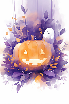 JPG 잎 야경 일러스트 호박 이벤트 사람없음 장식 보라색 할로윈 가을 유령 잭오랜턴 국내일러스트 AI일러스트 AI콘텐츠 식물 계절 컬러 채소 야간 파일형식 풍경_경치