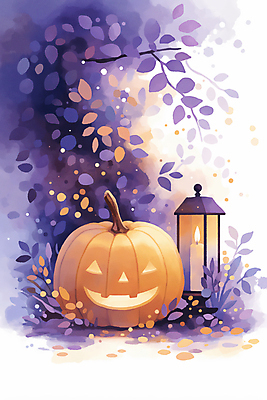 JPG 식물 잎 야경 일러스트 호박 이벤트 사람없음 장식 보라색 할로윈 가을 랜턴 잭오랜턴 국내일러스트 AI일러스트 AI콘텐츠 계절 컬러 채소 조명 야간 파일형식 풍경_경치