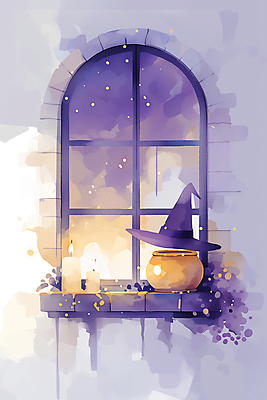 JPG 야경 일러스트 초 창문 이벤트 사람없음 장식 보라색 할로윈 가을 항아리 마녀모자 국내일러스트 AI일러스트 AI콘텐츠 모자_잡화 계절 컬러 도자기 야간 파일형식 풍경_경치