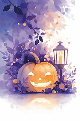 JPG 잎 야경 일러스트 호박 이벤트 사람없음 장식 보라색 할로윈 가을 랜턴 잭오랜턴 국내일러스트 AI일러스트 AI콘텐츠 식물 계절 컬러 채소 조명 야간 파일형식 풍경_경치