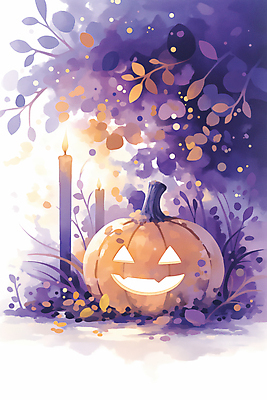 JPG 식물 잎 야경 일러스트 초 호박 이벤트 사람없음 장식 보라색 할로윈 가을 잭오랜턴 국내일러스트 AI일러스트 AI콘텐츠 계절 컬러 채소 야간 파일형식 풍경_경치