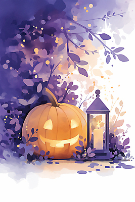 JPG 잎 야경 일러스트 호박 이벤트 사람없음 장식 보라색 할로윈 가을 랜턴 잭오랜턴 국내일러스트 AI일러스트 AI콘텐츠 식물 계절 컬러 채소 조명 야간 파일형식 풍경_경치