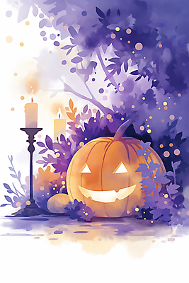 JPG 식물 잎 야경 일러스트 초 호박 이벤트 사람없음 장식 보라색 할로윈 가을 양초꽂이 잭오랜턴 국내일러스트 AI일러스트 AI콘텐츠 계절 컬러 채소 야간 꽂이 파일형식 풍경_경치