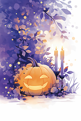 JPG 식물 잎 야경 일러스트 초 호박 이벤트 사람없음 장식 보라색 할로윈 가을 잭오랜턴 국내일러스트 AI일러스트 AI콘텐츠 계절 컬러 채소 야간 파일형식 풍경_경치
