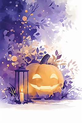 JPG 식물 잎 야경 일러스트 호박 이벤트 사람없음 장식 보라색 할로윈 가을 랜턴 잭오랜턴 국내일러스트 AI일러스트 AI콘텐츠 계절 컬러 채소 조명 야간 파일형식 풍경_경치