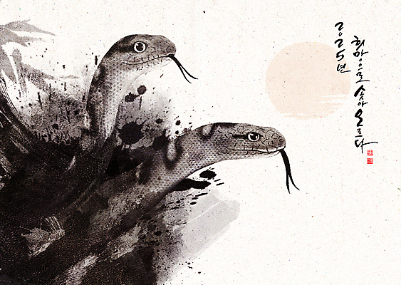 PSD 일러스트 붓터치 새해 흑백 사람없음 태양 검은색 뱀띠 뱀 동양화 질감 베이지색 2025년 을사년 국내일러스트 자연요소 컬러 파충류 촬영기법 미술 십이지신 연도 파일형식