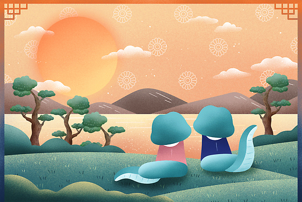 PSD 나무 전통 바다 일러스트 새해 산 사람없음 태양 뱀띠 한복 청사 2025년 을사년 국내일러스트 푸른뱀 푸른뱀캐릭터 자연요소 식물 한국전통 십이지신 뱀 전통의상 연도 뱀캐릭터 파일형식