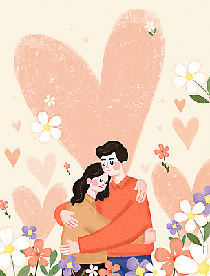 PSD 부부 여자 남자 꽃 분홍색 일러스트 포옹 성인 두명 하트 위로 성인만 정신건강의날 국내일러스트 모양 식물 커플 기념일 컬러 안기 사람 파일형식
